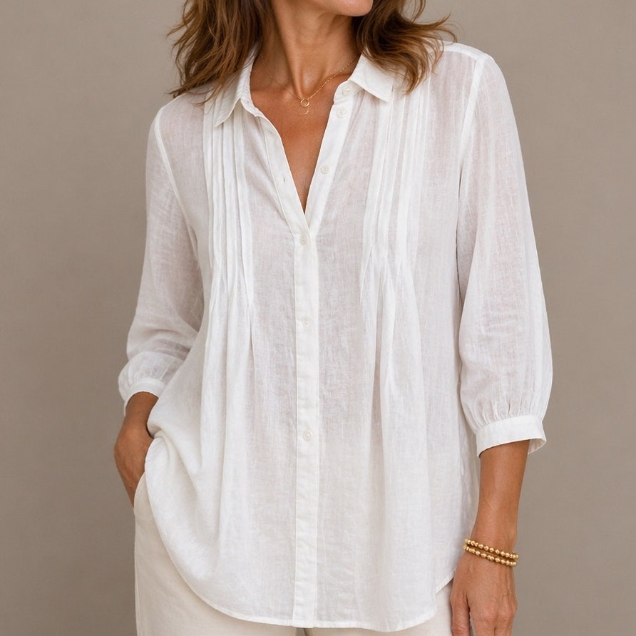 Chicos Linen Button Up Tunic Size Small 0.5 White 3/4 Sleeve Coastal Minimalist
